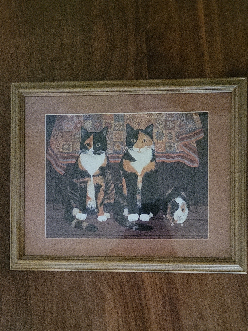 Framed Cat Art Print - Calico Cats in Tan Frame